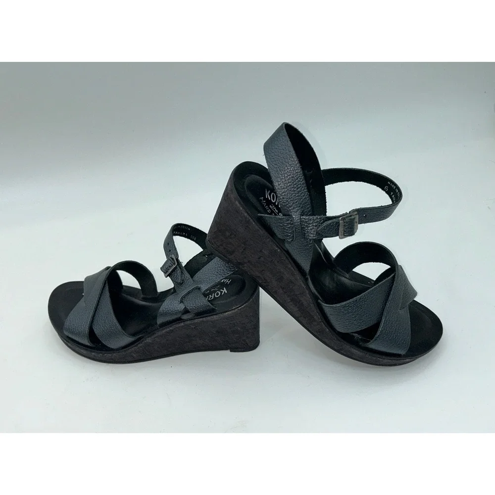 Kork-Ease Black Leather Wedge Sandals Size 6 Adjustable Ankle Strap made Brazil